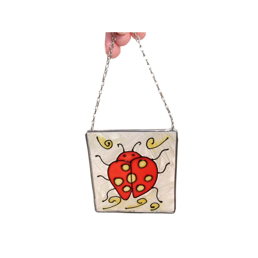 Ladybug Suncatcher Faux Stained Glass Look Painted Design on Chain 4x4 inches